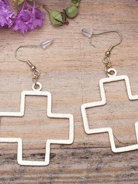 Brushed Gold Block-style Cross Earrings for Women